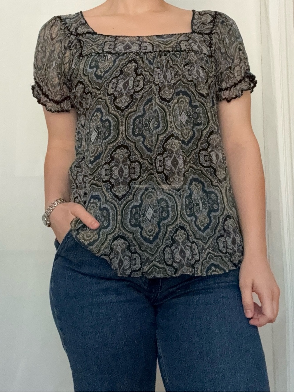 Saks Fifth Avenue 100% Silk Paisley Blouse Boho Square Neck Puff Sleeve Top 10